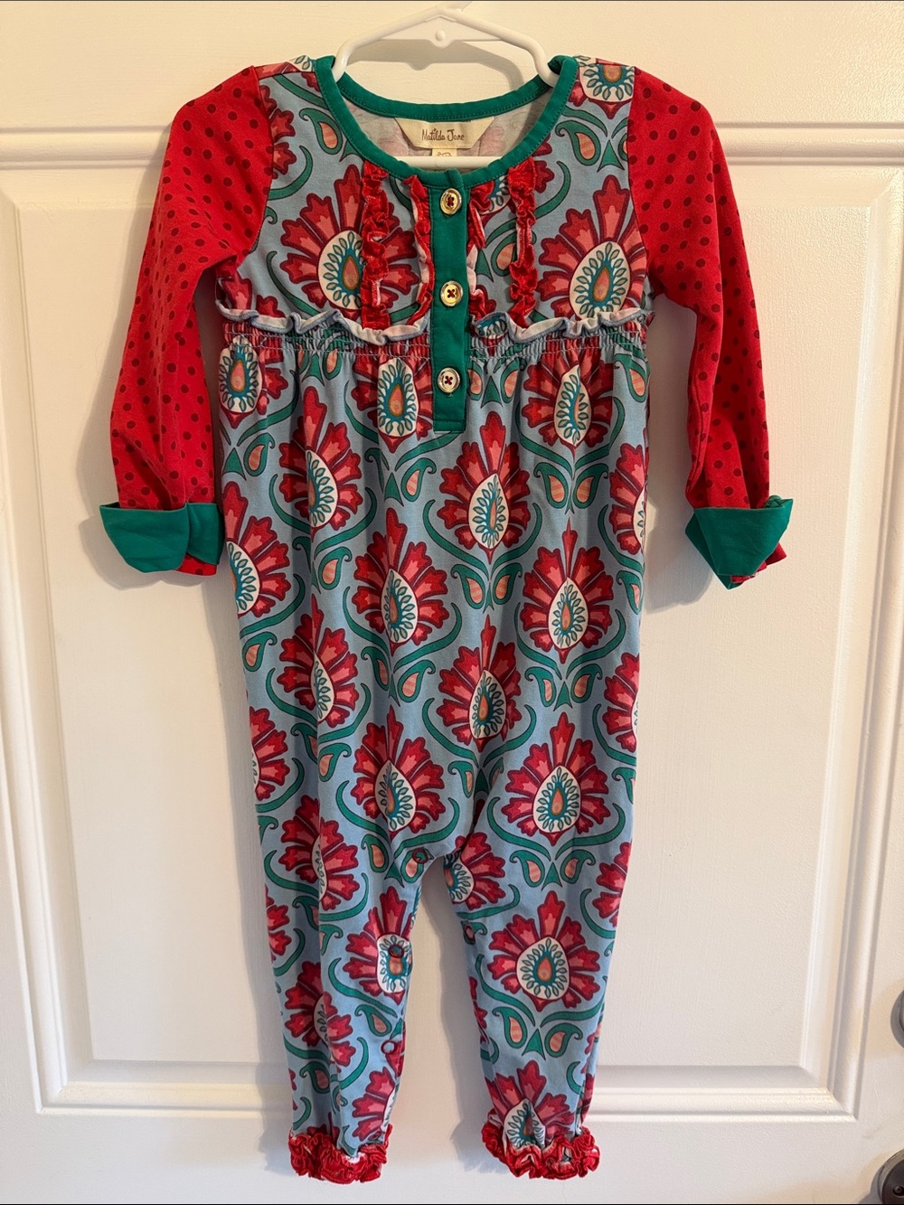 Matilda Jane Teal One-Piece w/Red Floral Print & Red Polka-Dot Sleeves (18-24)